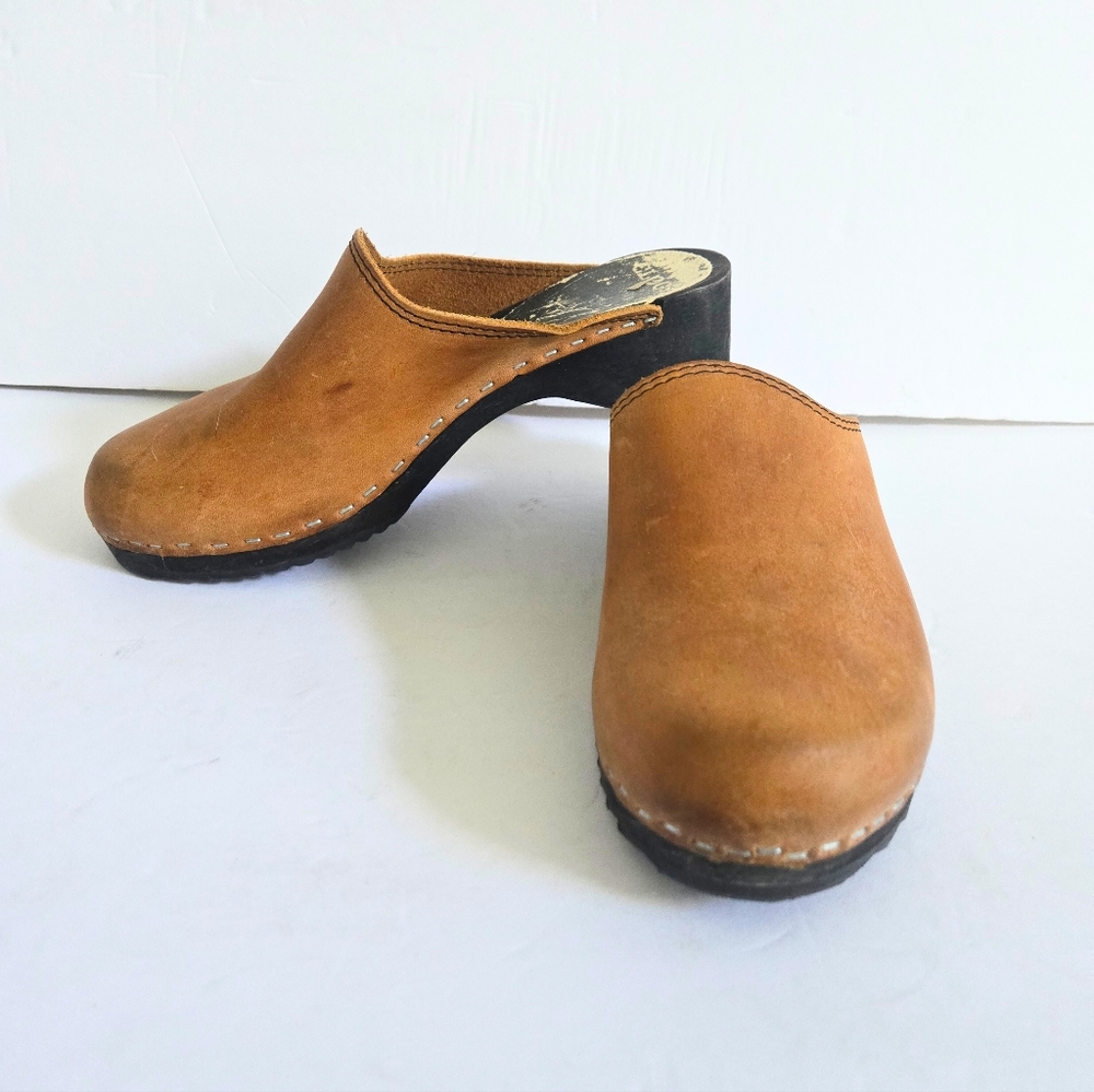 Camel Tan Leather Swedish Clogs Size 36 - Picture 6 of 12